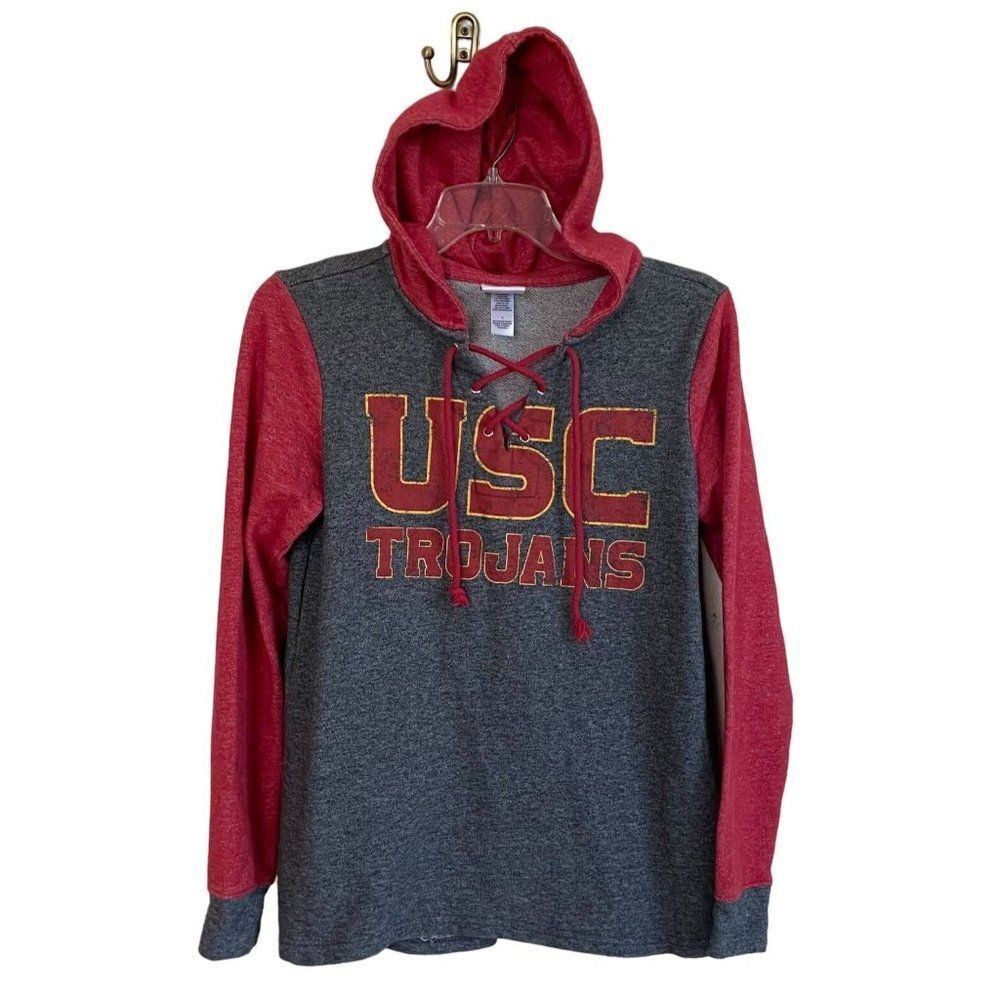 USC Pullover Hoodie 1/4 Lace-up Cardinal & Grey Womens Small Factory Distressed
